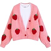 FindThy Women’s Kawaii Strawberry Embroidered Cardigan Long Sleeve V Neck Chunky Knitted Cardigans Tops
