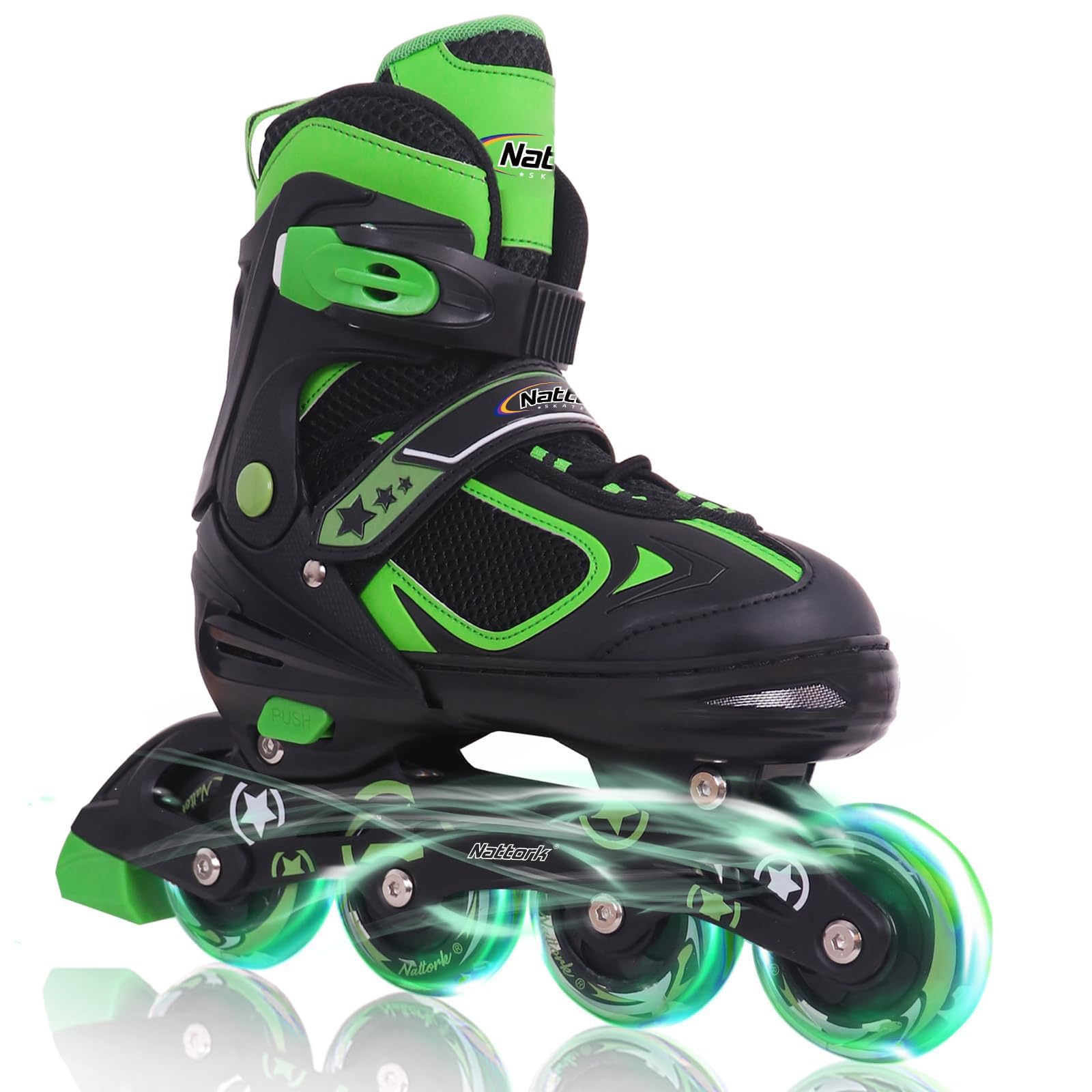 Nattork Adjustable Inline Skates for Kids with Light Up Wheel, Outdoor & Indoor Illuminating Blades Roller Skates for Boys and Girls, Beginners (Green, S)