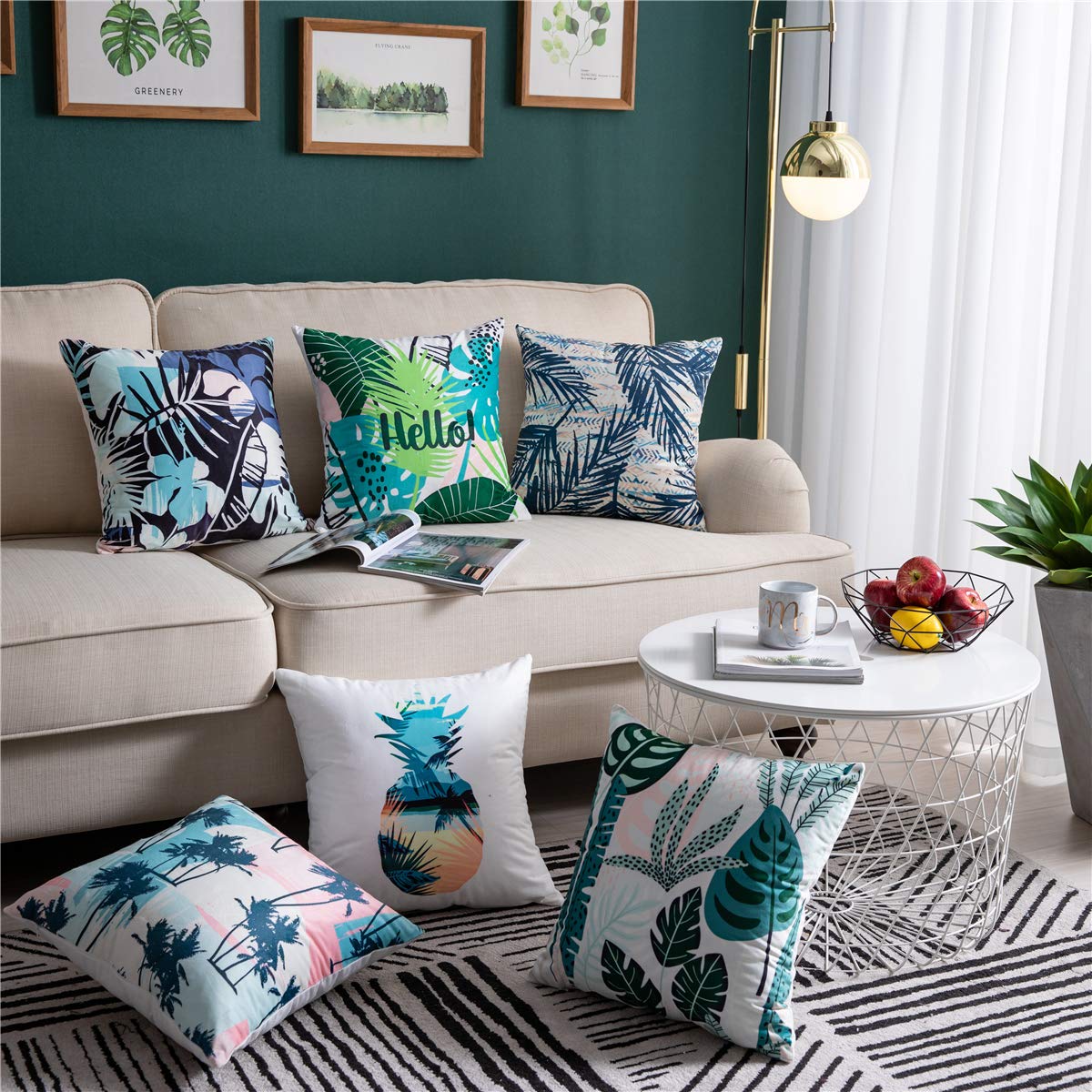 DEZENE 6 Pack Decorative Throw Pillow Covers for Sofa Couch Bed, Super Soft Velvet Tropical Plants Cushion Covers Square Pillow-Cases, 18 x 18 Inch
