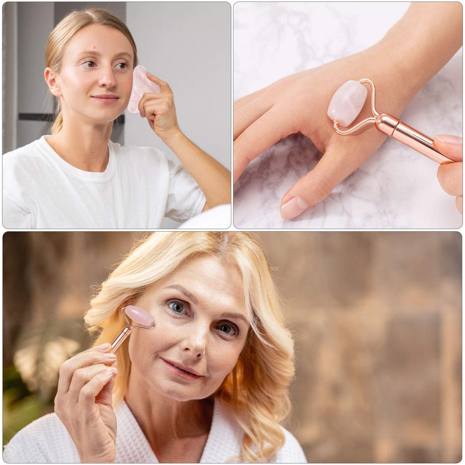 Facial Roller，4 in 1 Rose Quartz Facial Jade Roller & Massager, 4 Changeable heads Facial Skin Care Tools for Face Roller, Eye, Neck, Body: Beauty