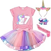 Tutu and Sian Unicorn Birthday Outfit for Girls - Shirt, Tutu Skirt Dress, Birthday Girl Crown, Hair Bow & Satin Sash (Unicorn 7Y, 7 Years)