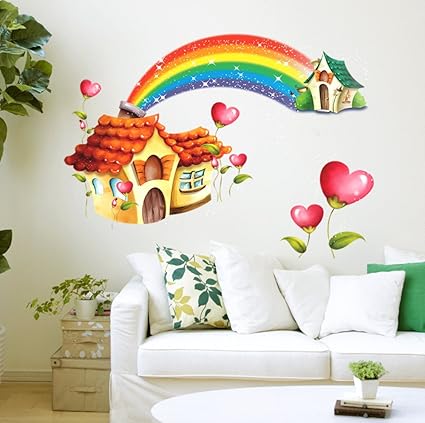 Decals Design Cartoon Hut with Rainbow Wall Sticker (PVC Vinyl, 70 cm x 50 cm)