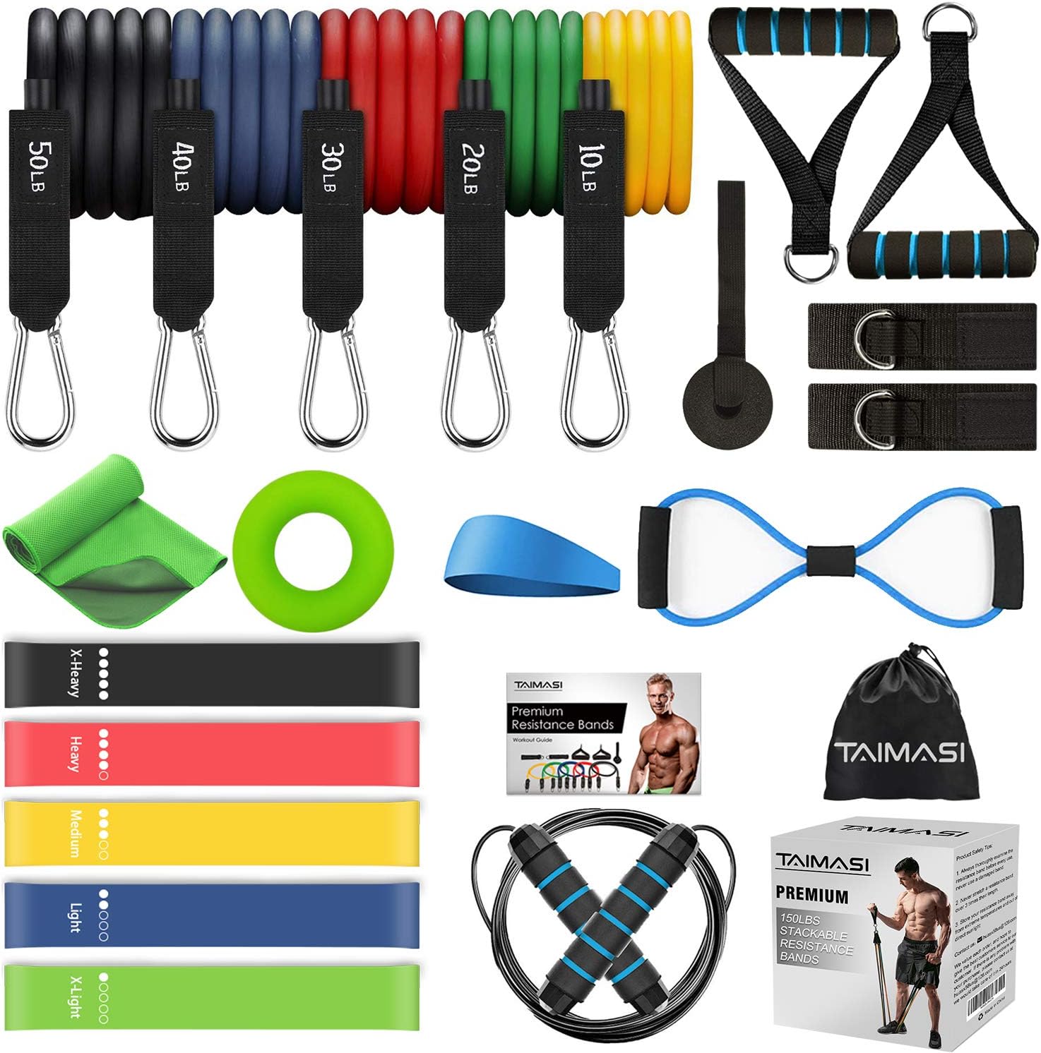 TAIMASI 23PCS Resistance Bands Set Workout Bands, 5 Stackable Exercise Bands with Handles, 5 Resistance Loop Bands, Jump Rope, Figure 8 Resistance Band, Headband, Cooling Towel : Sports & Outdoors