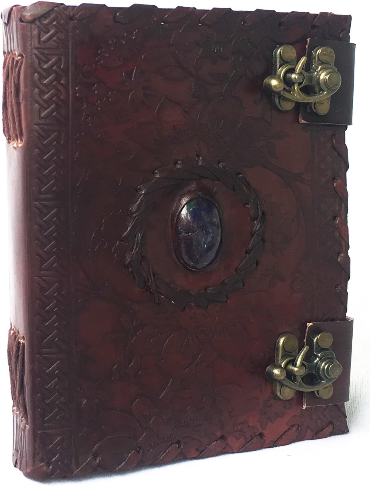 Handmade Embossed Blue Stone Leather Journal Notebook Refillable Sketchbook with 2 Latches, Lace Edging Diary by Cuero