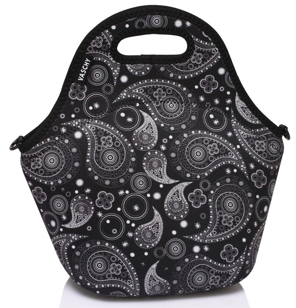 VASCHY Neoprene Lunch Bag for Women, Thermal Lunch Bag Lunch Tote for School, Office, Outdoor with Detachable Shoulder Strap (Black Paisley)