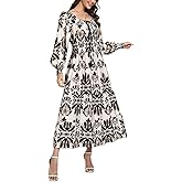 OSTOO Women's 2025 Casual Long Sleeve Square Neck Smocked High Waist Flowy Maxi Dress,Boho Tiered Beach Party Dress