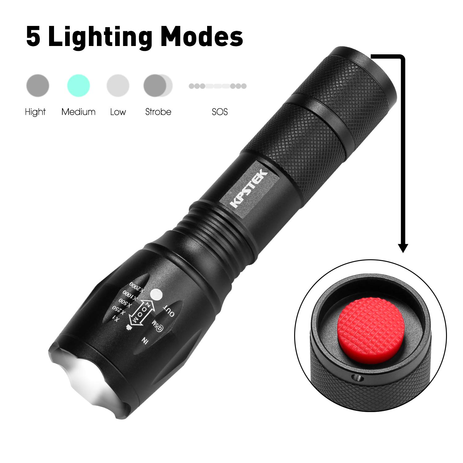 4Pcs Tactical Flashlights, KPSTEK High Lumen XML T6 LED Flashlights Outdoor Portable Water Resistant Tac Light with 5 Modes, Zoom Function, Adjustable Focus (Batteries Included)
