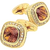Jonwo 14K Gold Plated Brown Gem Stone Cufflinks for Men Wedding Dress Men Crystal Cufflink for Shirt Party Birthday Anniversary Dress