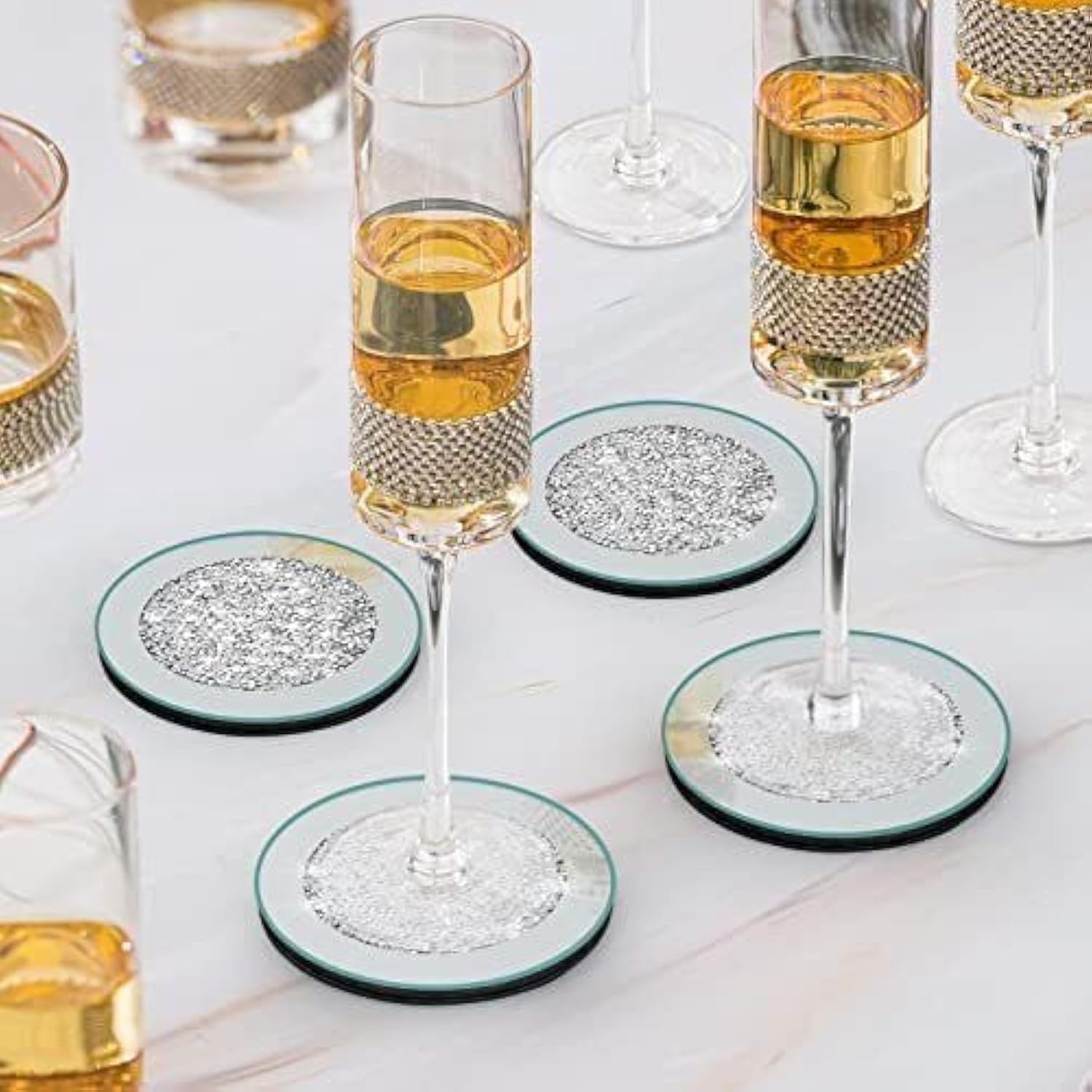 CRYSTAL CROWN Glass Coaster Set ornament bling crushed diamond gift | Set of 4 -Silver Coaster Set Non-Scratch Top & Non-Slip for Kitchen Decor, Restaurant, Dining Table Bar for Drinks - Home