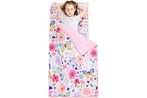 Viviland Toddler Nap Mat, Rolled Sleeping Mats with Pillow and Minky Dot Blanket for Girls, Kids Slumber Bag Nap Mat for Preschool, Daycare, Kindergarten, Travel Camping - Butterfly Garden