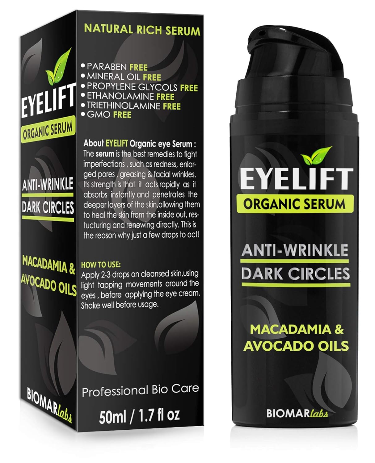 EYELIFT ORGANIC SERUM - 100% Bio Natural Face Eye Serum for Puffiness, Dark Circles - Anti Aging & Anti Wrinkle The Best Facial Hydration Serum Moisturizing, Vegan, Natural Skin Care - 50ml by Biomar