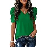 IECCP Women V Neck T Shirts Puff Short Sleeve Tops Fashion Dressy Casual Tunic Loose Fit Blouses