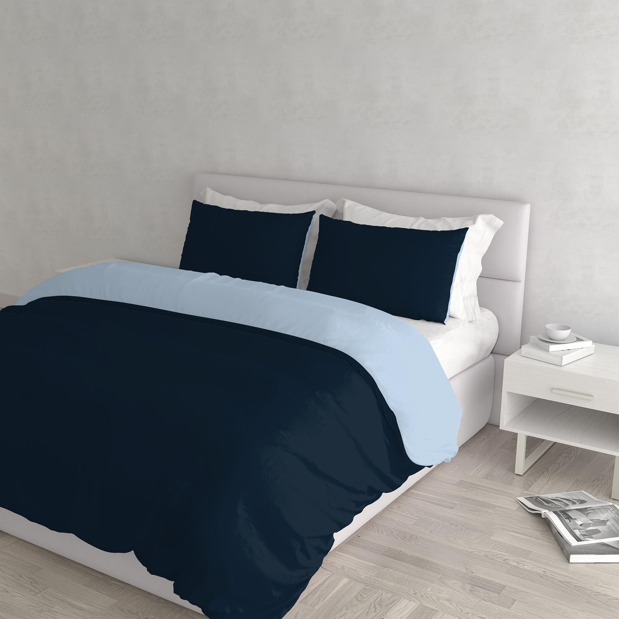 Italian Bed Linen Natural Colour Duvet Cover Set, Dark Light blue, Double, Cotton