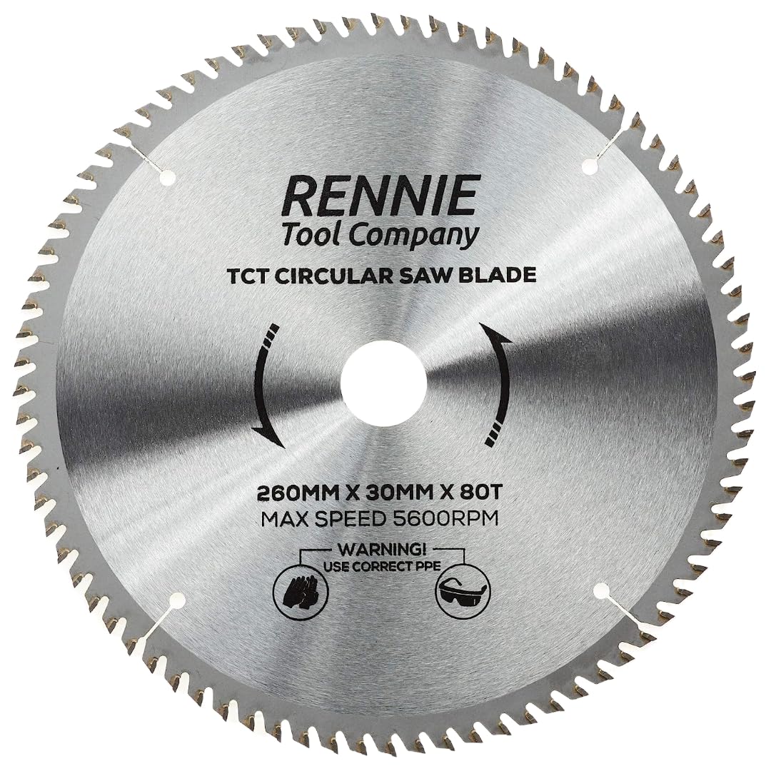 Rennie Tools - 260mm x 30mm x 80T TCT Circular Wood Saw Blade Includes 25mm 20mm & 16mm Bore Reduction Rings. Compatible with Festool Bosch Makita Dewalt Circular Saw Etc.