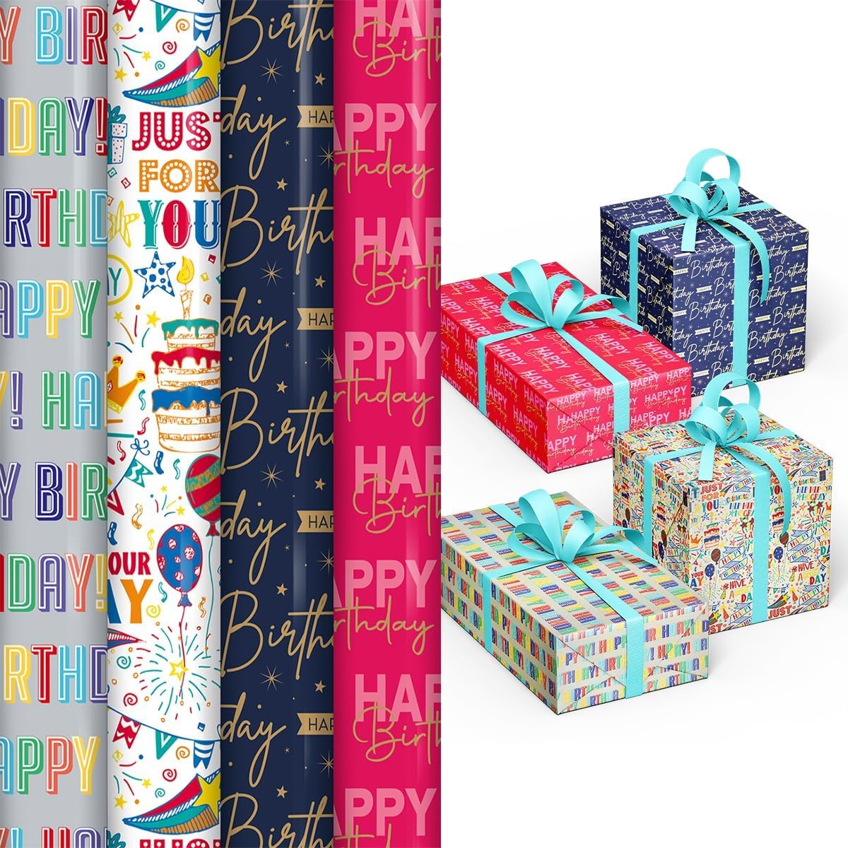 Karrma Ltd. Pack of 4 x 3M Happy Birthday Gift Wrapping Paper roll - Perfect for Birthday, Festival, Party or Wedding Gift and Festive Decoration