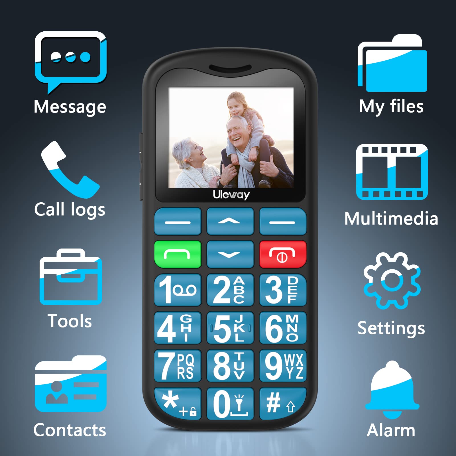 Uleway Big Button Mobile Phone for Elderly - Easy to Use Basic Device With SOS Emergency Button, Large Volume, Flashlight, FM Radio (Blue)