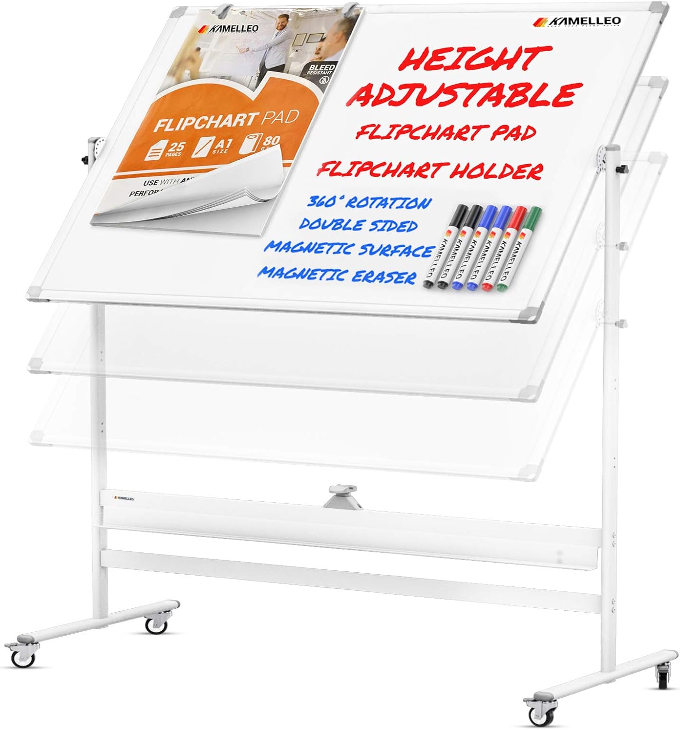 Mobile Whiteboard - 60x46 Large Height Adjust 360° Rolling Double Sided Dry Erase Board, Magnetic White Board on Wheels, Office Classroom Portable Easel with Stand, Flip Chart Holders and Pad | White