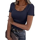 GKBK Women's Short Sleeve Tops Scoop Neck Lace Trim Ribbed Fitted Tight Shirts Casual Basic Tee Spring Clothes 2026 Trendy