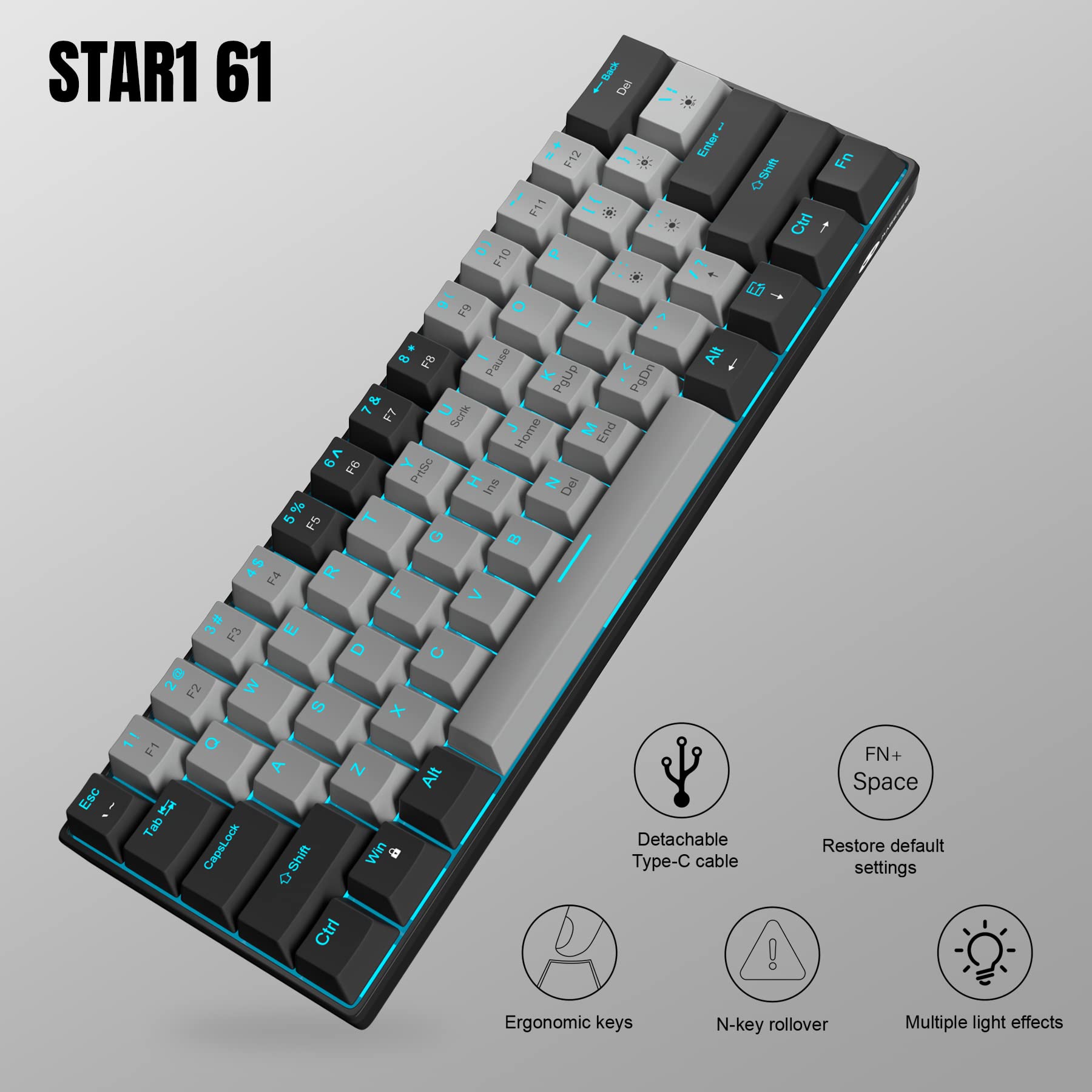 MageGee 60% Mechanical Keyboard with Blue Switches and Sea Blue Backlit Small Compact 60 Percent Keyboard Mechanical, Portable 60 Percent Gaming Key Board Gamer(Black Grey)