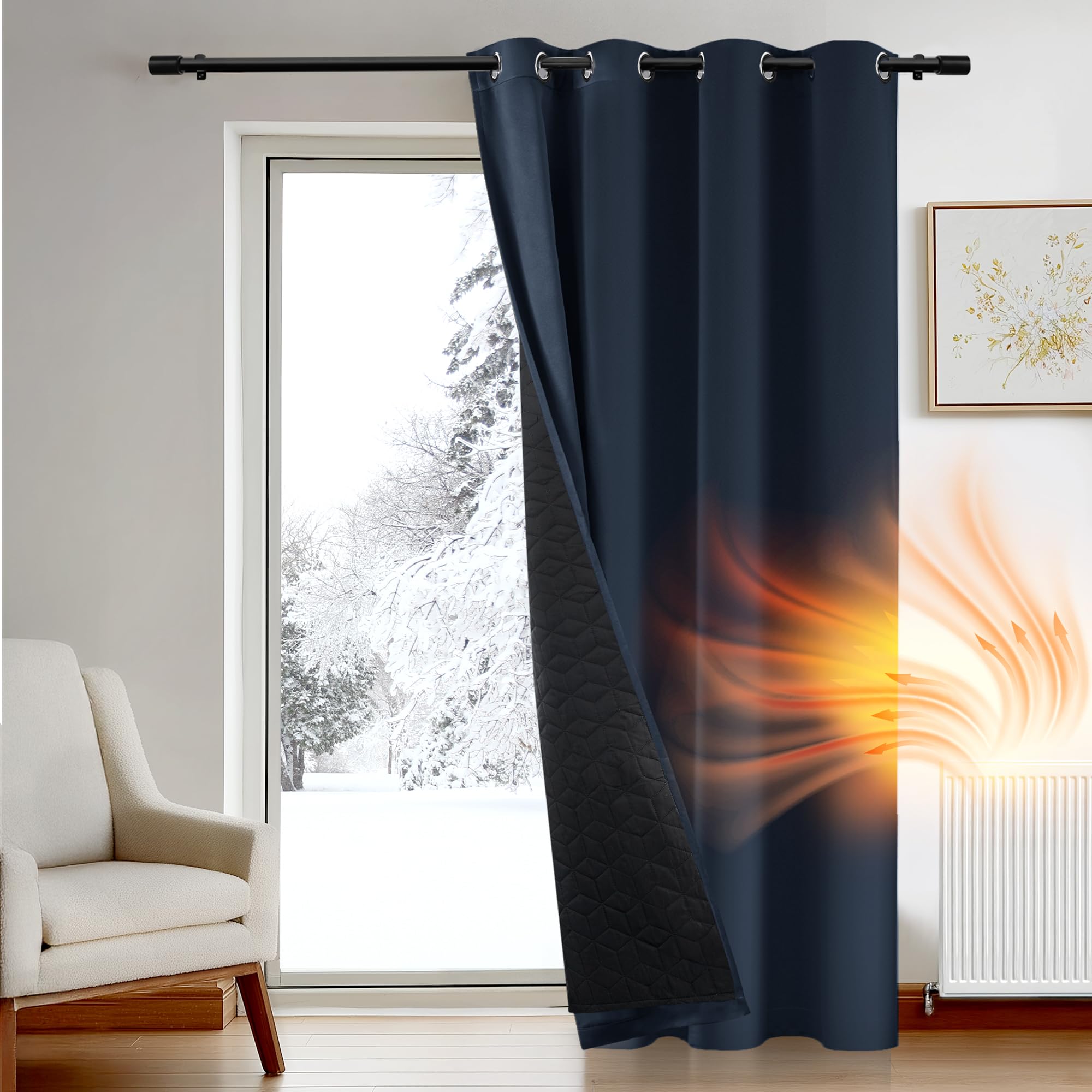 Deconovo Door Curtains Thermal with Thick Microfiber Quilted Lining, Winter Energy Saving Blackout Curtain for Daughts Reducing, Eyelet Thermal Curtain, 52 x 84 Inch, Navy Blue, 1 Panel — image 1