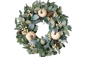EGOLOT 20 Inch Fall Eucalyptus Pumpkin Wreath for Front Door, White Pumpkin Welcome Sign Wreath for Indoor Outdoor, Eucalyptus Leaves Wreath for Fall Home Decor