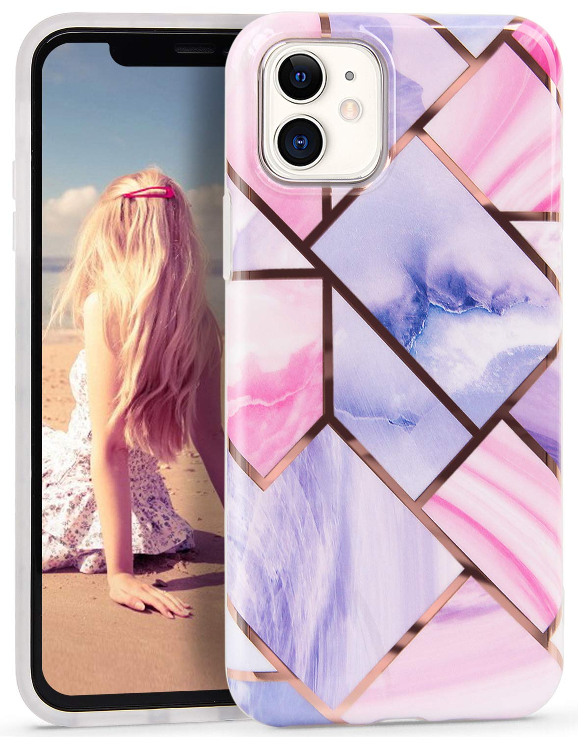 IMIKOKO iPhone 11 Marble Case 6.1" Silver Striped Sparkle Phone Cover Thin Shockproof Glitter Clear Bumper Glossy Bling Soft Silicone Protective Cases - Pink Lavender Splice
