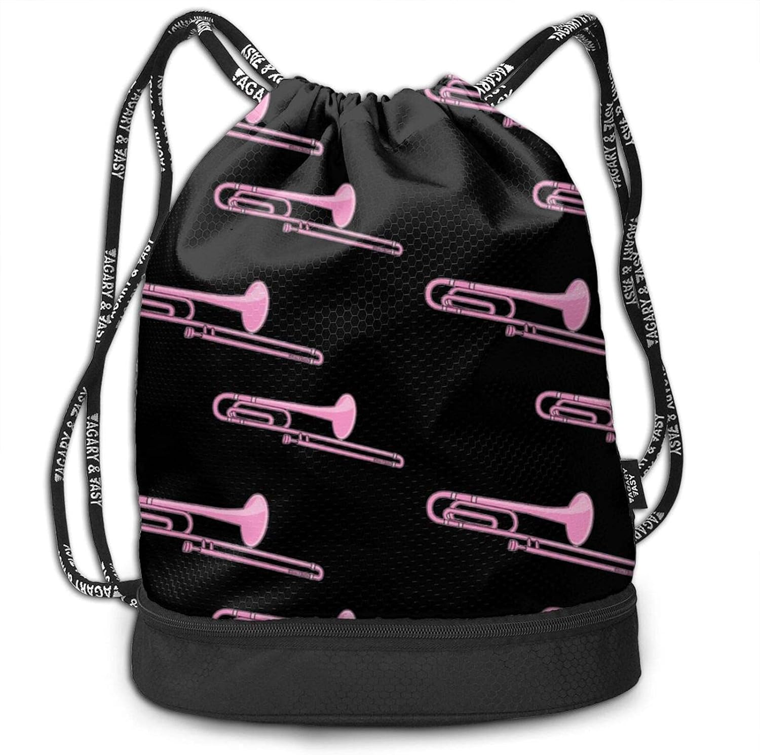 Multifunction Women Men Pink Trombone Black Drawstring Backpack Sports