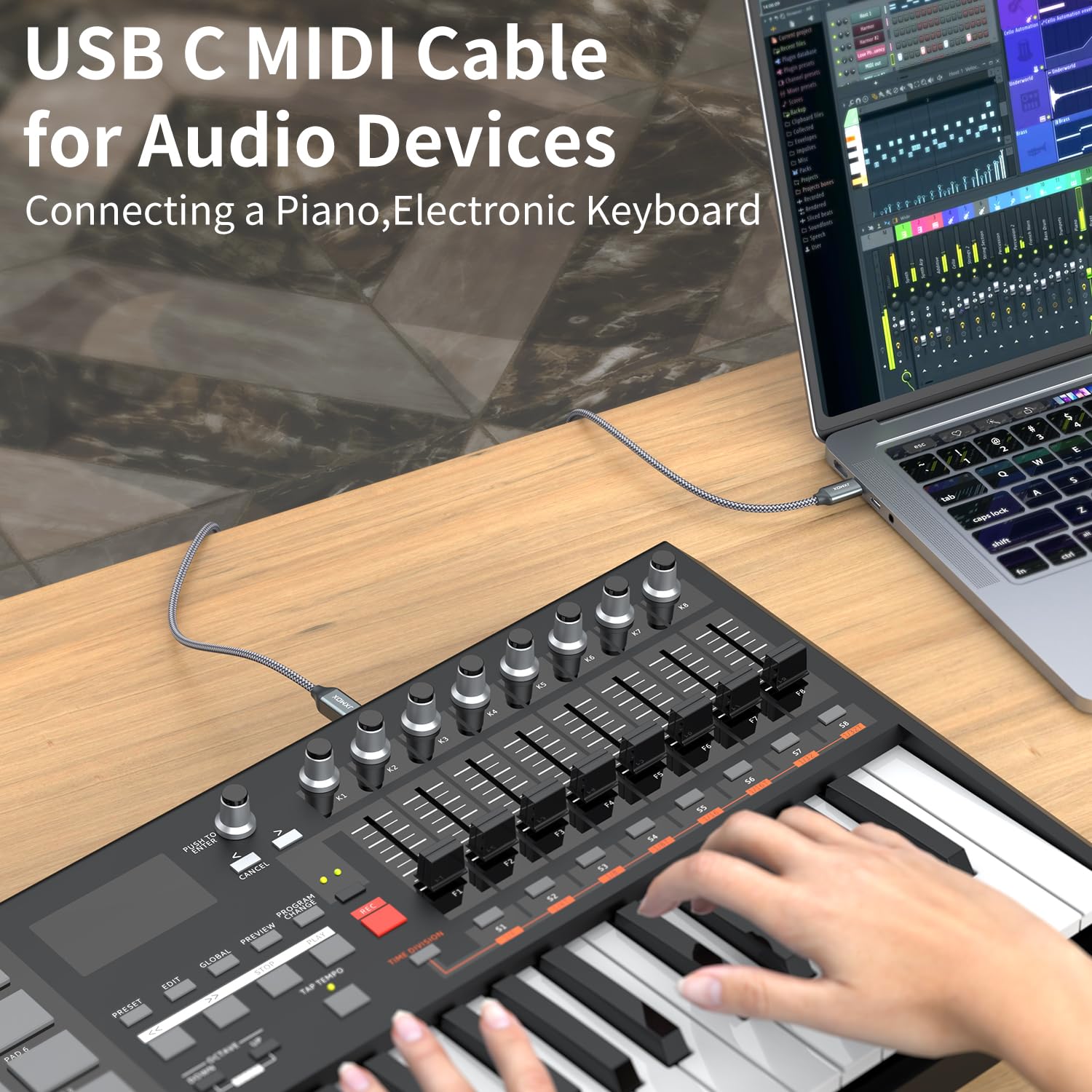 JXMOX USB B to USB C Printer Cable, (6.6ft 2-Pack) Nylon Braided USB B to C Cord, USB C MIDI Cable Compatible with MacBook Pro, HP, Epson, Canon, Brother, Yamaha Piano Keyboard, DAC, DJ Controller