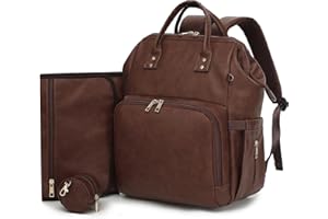 ROSEGIN Premium Vegan Leather Diaper Bag Backpack with Waterproof Changing Pad – Reinforced Stitching & Zippers, Baby Bag for Boy Girl, Stroller Straps, Fits 15.6" Laptop for Work Moms, Dark Brown