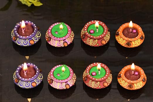 Liolis Handmade Matki Candles Diwali Diya Set - Diwali Candles Set - Diwali Decoration Diyas Home Decor - Wax Clay Diya Diwali Gift (Set of 8)