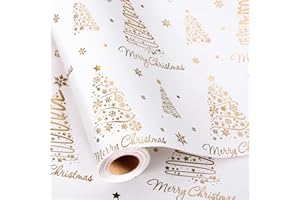 Flyhill White Wrapping Paper,Metallic Gold Foil Christmas Trees Design, Festive Gift Wrap for Christmas, Holiday, Party, Celebration (17 Inch X 33 Feet)