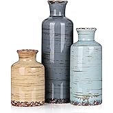 Ceramic Vase Set of 3 – Small Flower Vases, Modern Farmhouse Boho Flower Vases for Home Decor, Rustic Pottery Vases for Centerpieces, Living Room, Shelf, Fireplace, Entryway Decor, Table or Cabinet
