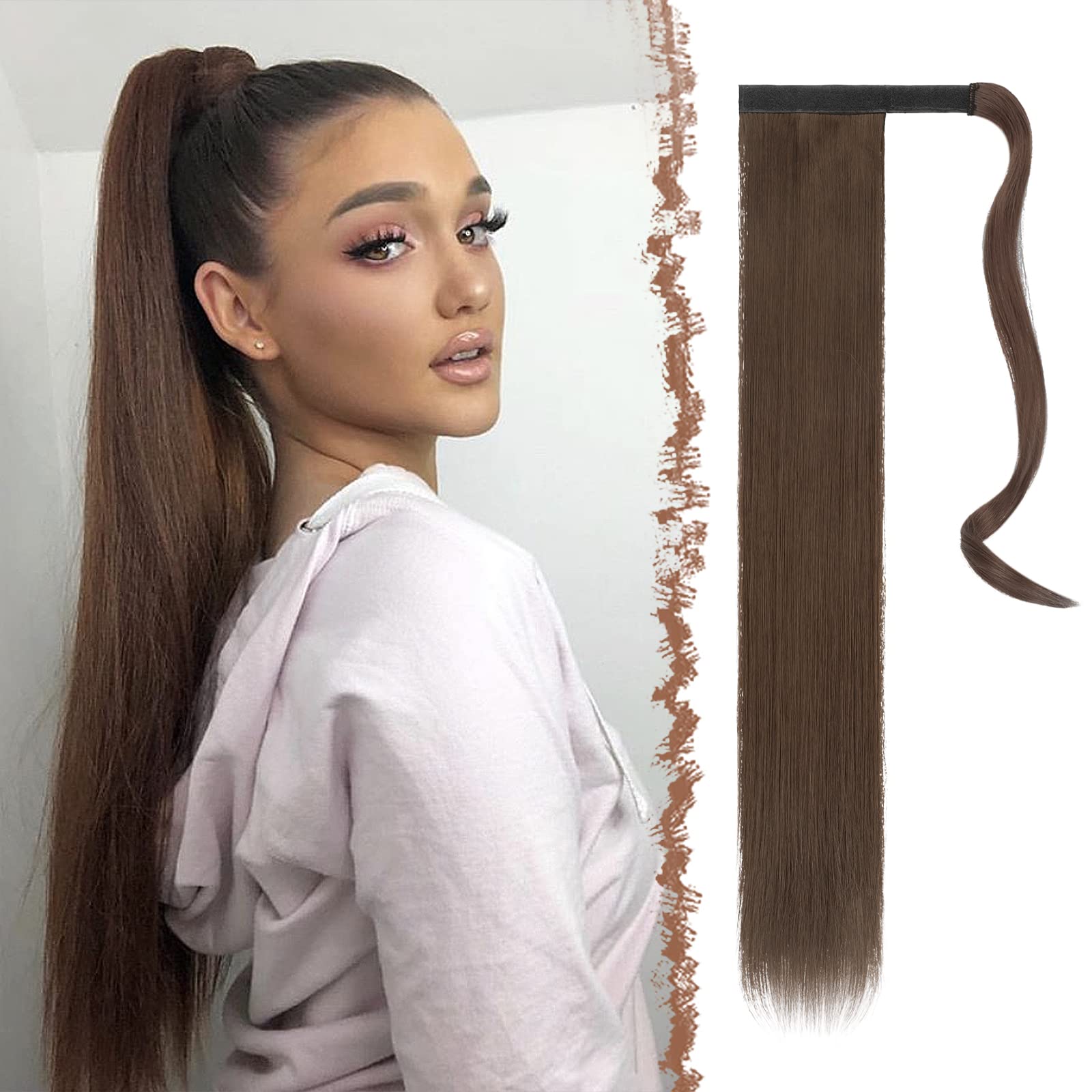 FESHFEN Straight Ponytail Extensions Long Wrap Around Ponytail Synthetic Clip in Pony Tail Hair Extensions Medium Chestnut Brown Hairpiece for Women, 28 inch — image 1
