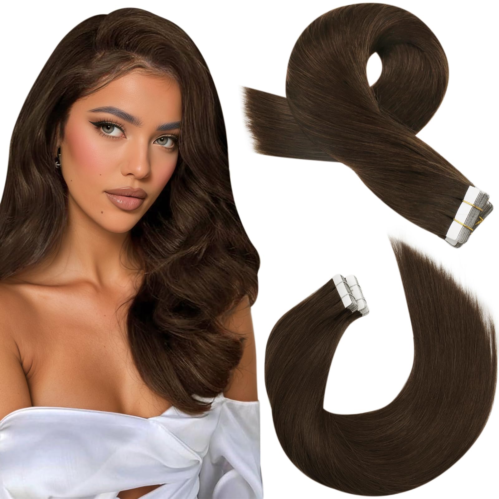 Moresoo Dark Brown Hair Extensions Tape in Human Hair 18 Inch Tape in Hair Extensions Human Hair Chocolate Brown 20pcs/50g #4 โ image 1