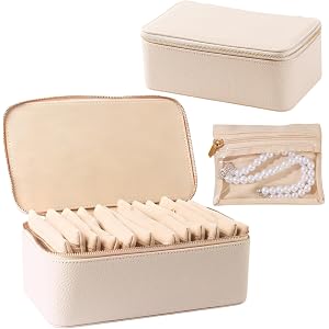 shunmei Travel Jewelry Box with 12 Velvet Jewelry Zipper Pockets, Beige | PU leather surface & soft velvet lining, for jewelr