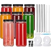 ASANMEYO 8 Pack Glass Juice Bottles with 4 Straws & 4 Lids w Hole- 16 OZ Travel Drinking Jars, Water Cups with Black Airtight Lids, Reusable Tall Mason Jar for Juice, Bubble Tea, Smoothie, Tea