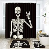 ArtSocket Halloween Bathroom Sets with Shower Curtain and Rugs, Retro | Set of 4 Horror Skull Skeleton Bathroom Decor Set with Toilet Lid Cover, Non-Slip Bath Mats and Accessories 12 Hooks