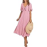 PRETTYGARDEN Summer Dress for Women 2026 Casual Short Sleeve Bow Tie V Neck Ruffle Midi Flowy Dresses