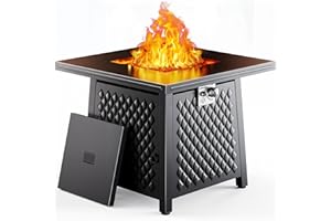 Ciays 32 Inch Propane Fire Pits,50,000 BTU Gas Fire Pit Table for Outsides with Steel Lid and Lava Rock, 2-in-1 Square Fire Table for Gatherings Parties on Patio Deck Garden Backyard, Black