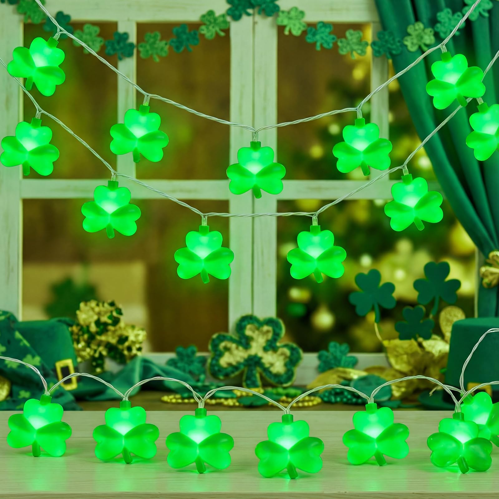 Photo 1 of 8.5Ft St patricks Day Lights Outdoor, Shamrock String Light Plug in with 10 LED Lucky Clover Lights, Green Clover for Irish Bedroom Home Garden Party Green Feast St. Patrick's Day Decorations