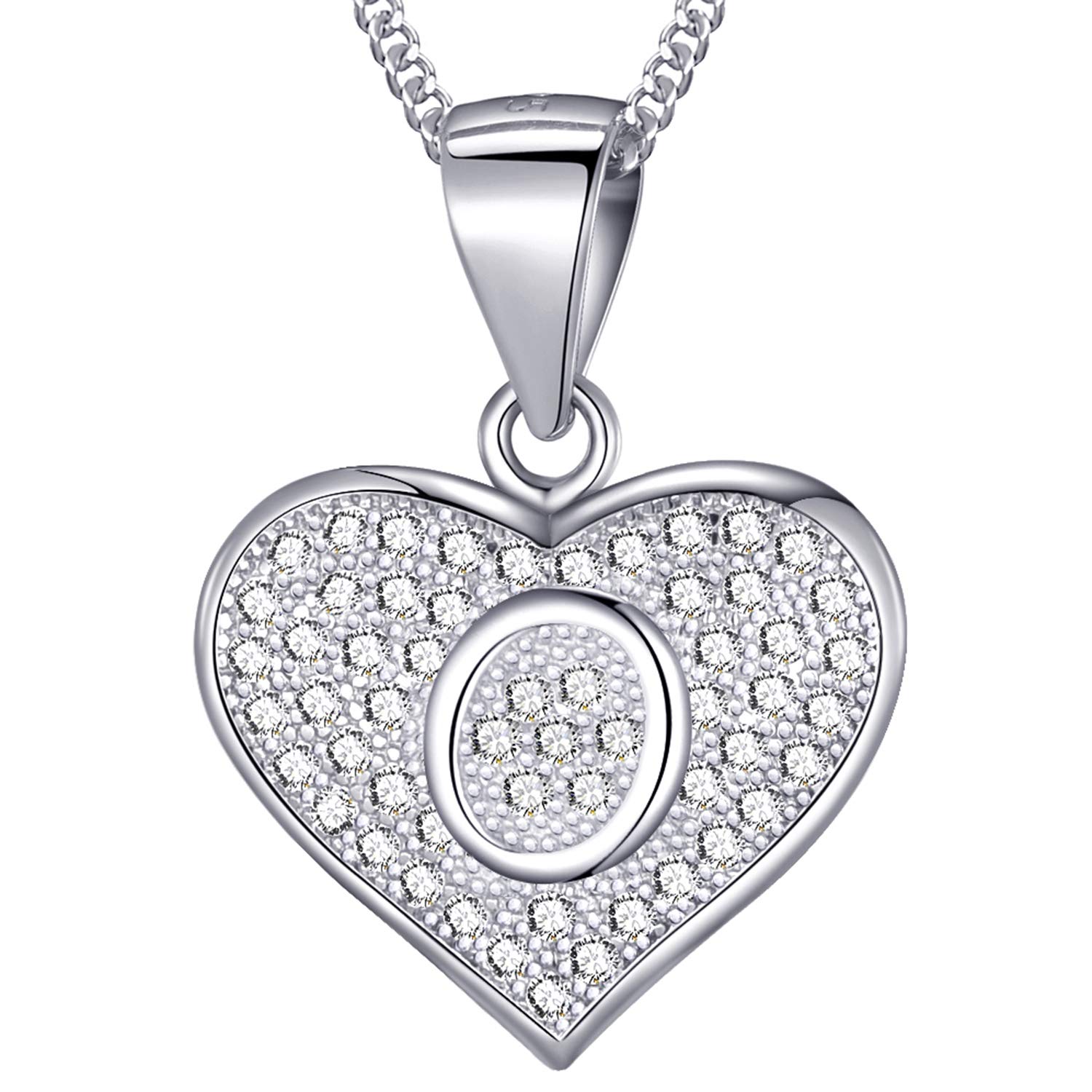 MASADA 925 Sterling Silver Heart Letter Necklace - Initial Pendant with Zircon Stones - Letter O - Personalised Alphabet, Teens & Girls - 46 cm - 18 inch Chain in Velvet Bag