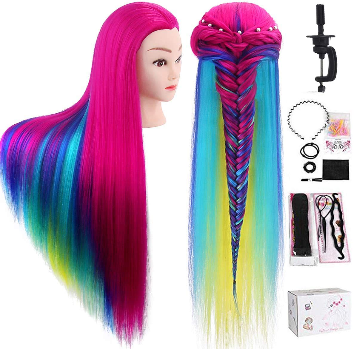 Training Head, TopDirect 80cm/31.5inch Hair Cosmetology Hairdressing Mannequin Manikin Doll 100% Synthetic Fiber Rainbow Hair + Braid Sets + Free Clamp