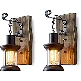 Rustic Industrial Wall Sconces, Black Metal Lantern with Wood Backplate, Farmhouse Indoor Light Fixture for Dining Room, Hall