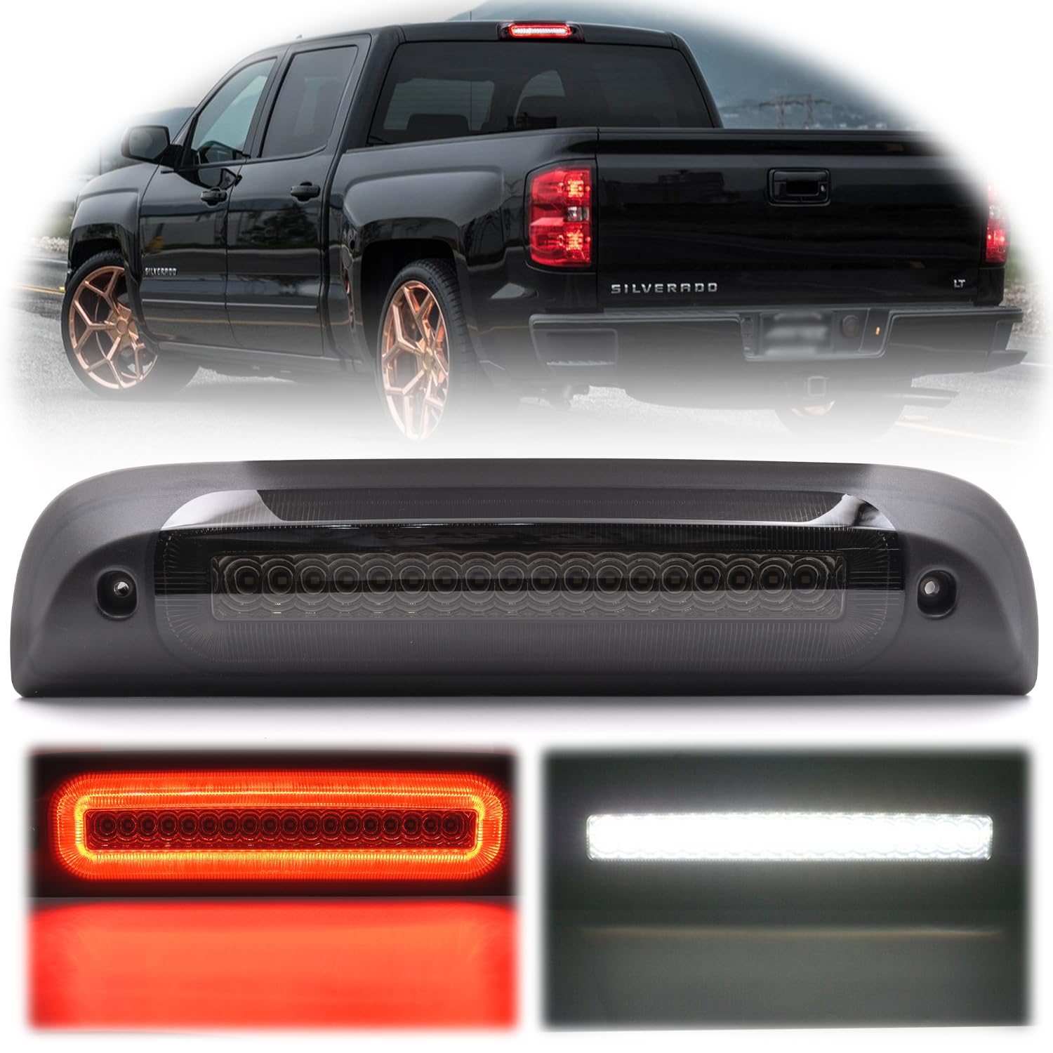 Photo 1 of NSLUMO Led Third Brake Light Replacement for 2014-2018 Chevy Silverado GMC Sierra 1500 2500HD 3500HD Red Strobe Rear 3rd Brake Center High Mount Stop Lamp + White Cargo Light Kit Euro Smoked Lens