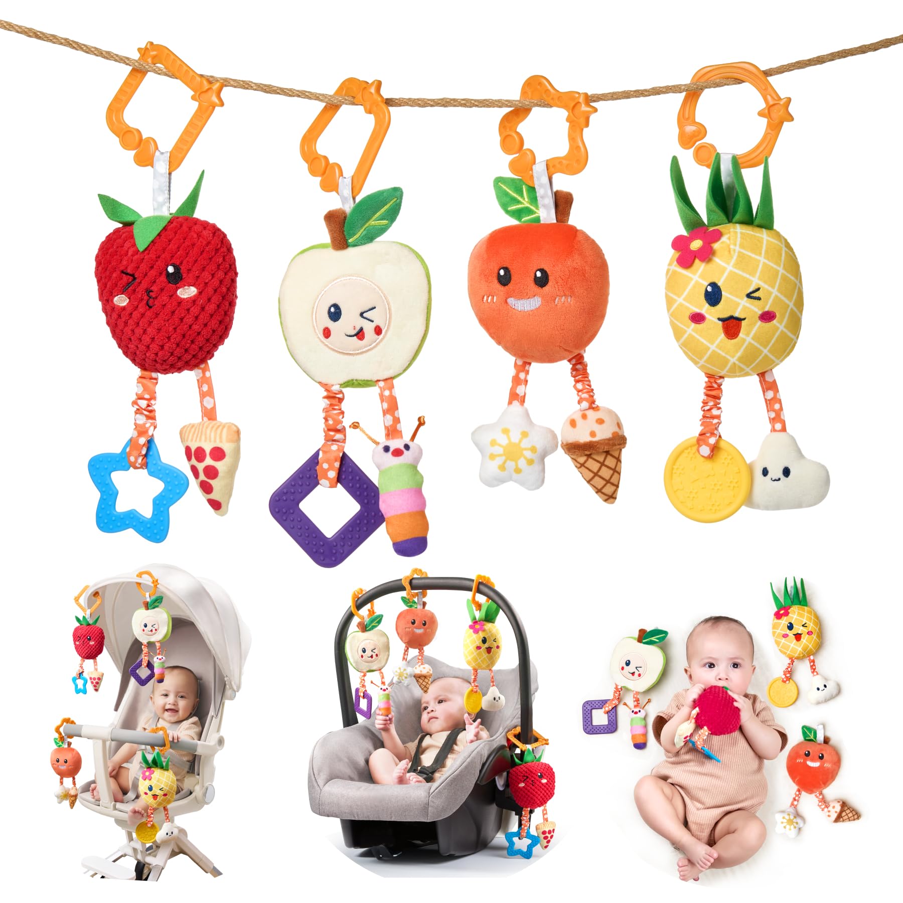 OR OR TU Baby Toys for 3 6 9 12 Months, Hanging Toys Fruit Rattles Infant Newborn Stroller Mobile Toys Car Seat Crib Plush Wind Chime for Boys Girls