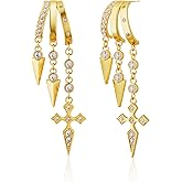 Freekiss 3 Hoop Illusion Earrings with Zircon, Hypoallergenic Huggie Dangle Earrings for Women, Dainty Cross & Drop Earring Set Gold Silver Jewelry