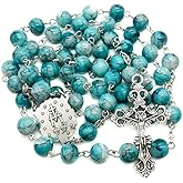Nazareth Store Blue Marble Crystallized Rosary Beads Handcrafted Prayer Necklace with Miraculous Medal and Jesus Cross