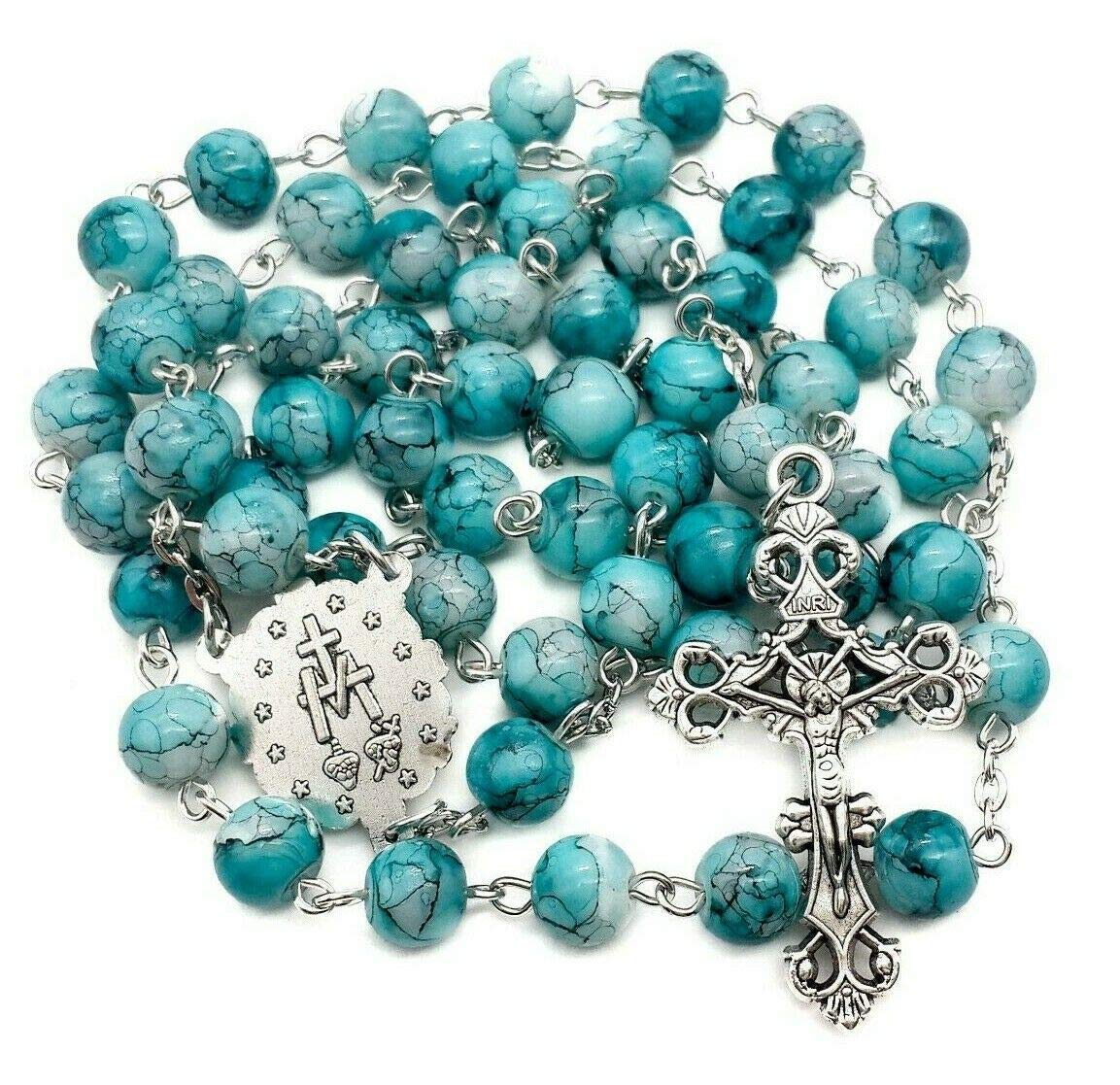 Nazareth Store Turquoise Crystallized Glass Rosary Beads Catholic Rosary Necklace with Miraculous Medal and Stainless Cross