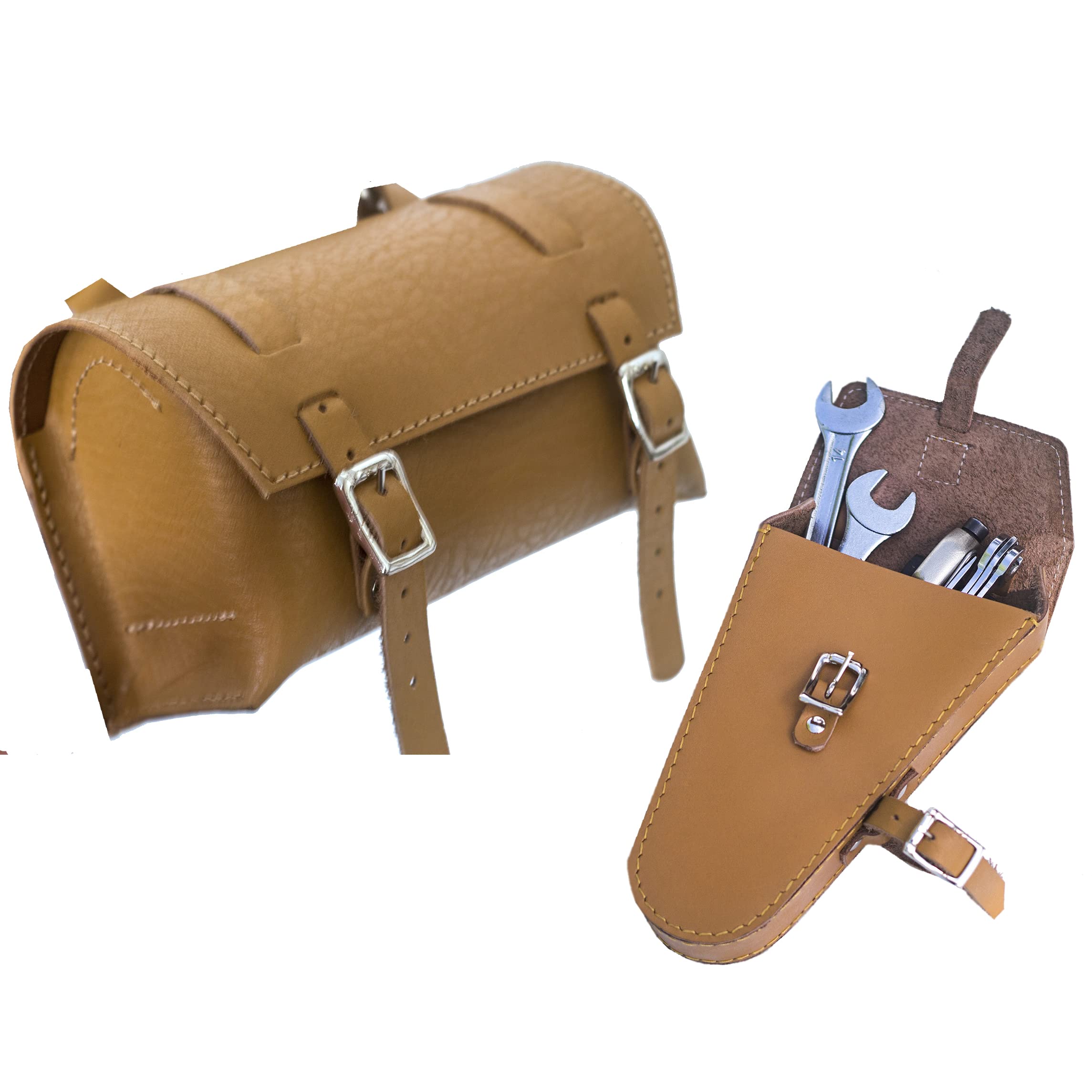 2 in 1 Bike Leather Bag Set (Frame Bag + Saddle/Handlebar bag) in TAN