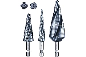 AUGTOUF toolant Four Spiral Flute Cobalt Step Drill Bit Set(Pro Max), 1/8"-7/8"(3pcs) Impact Ready Unibit Step 1/4" Hex Shank Step Bits for Metal, Stainless Steel, Aluminum, Wood, Plastic